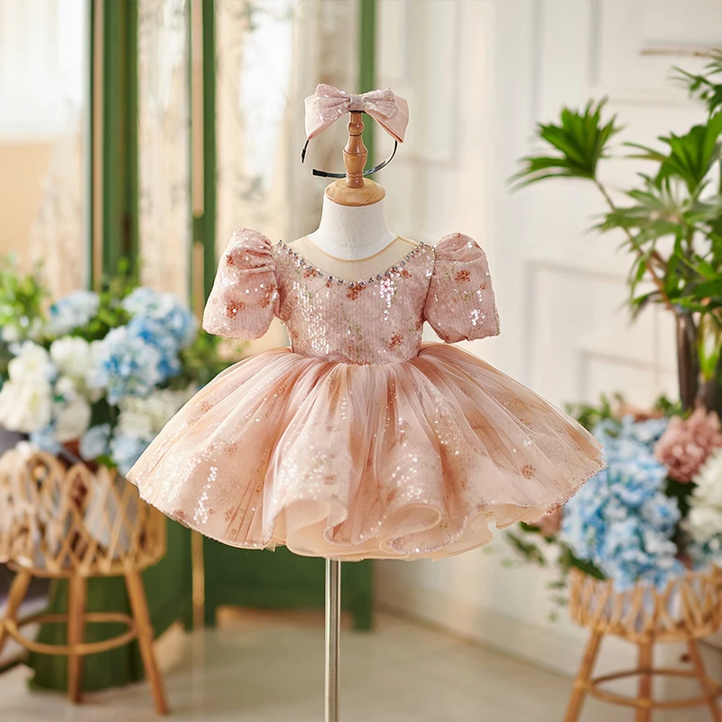 

Children Elegant Girls Princess Dress Birthday Party Luxury Evening Gowns Pageant Kids Formal Occasion Dresses Champagne Pink