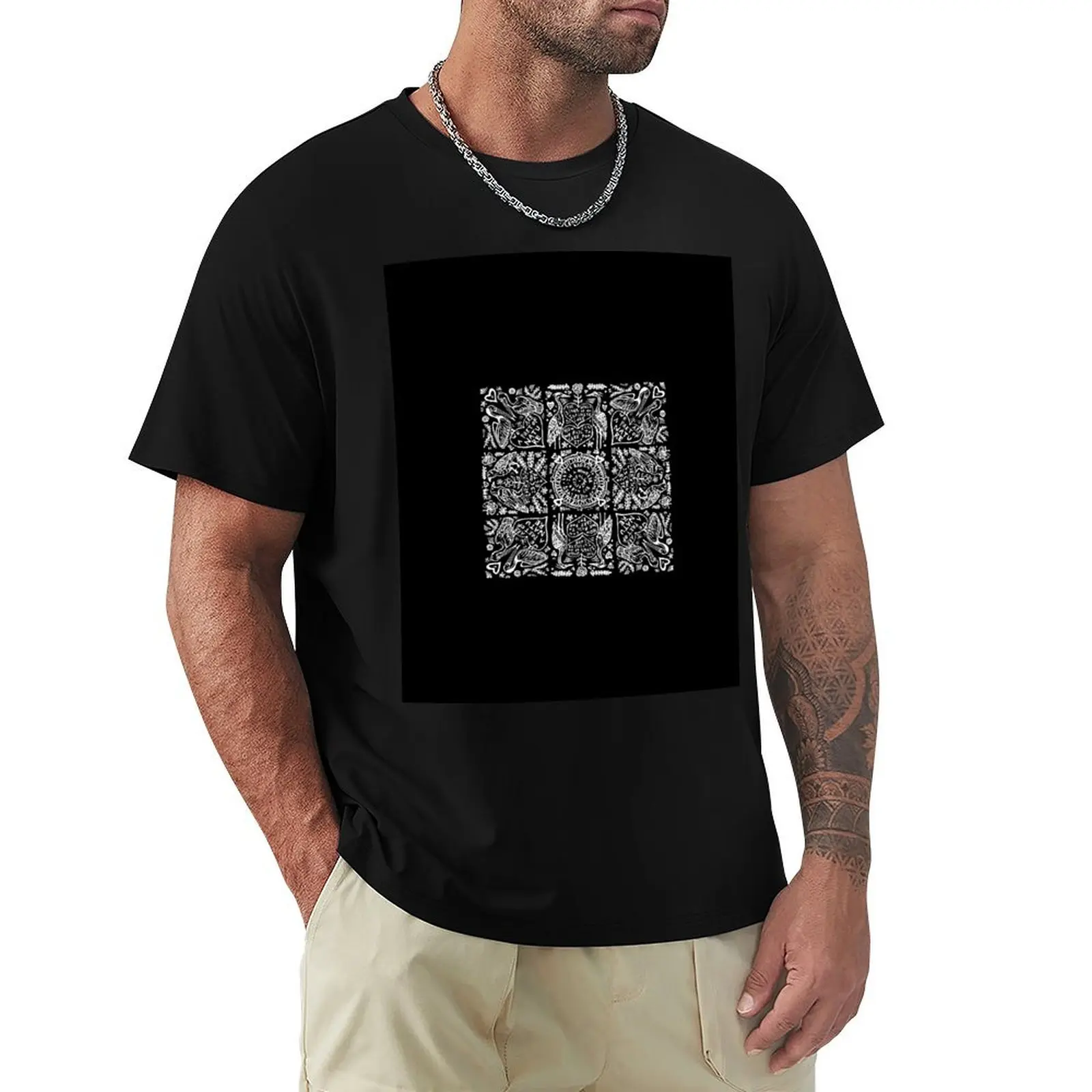 Fraktur Valentine with birds and quotes from Laudato Si'- Linocut Image White Ink T-Shirt Big Size Simple T-Shirt