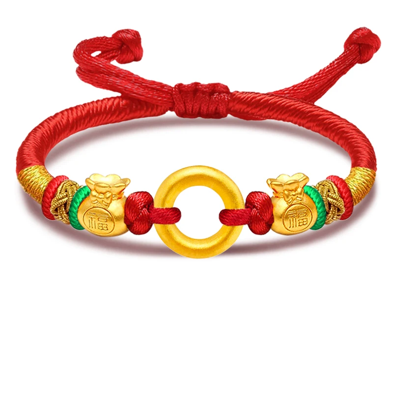 

1pcs Pure 24K Yellow Gold Bracelet For Women Baby 3D Lucky Circle Gourd Money Bag Red String Knitted Bracelet 6inchL