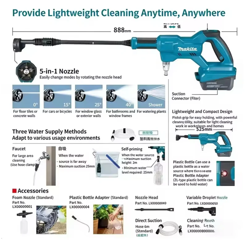 

Оригинальная аккумуляторная мойка высокого давления Makita 18V 6Ah DHW180 18V LXT с насадкой 5-в-1, самовсасывающая, для мойки автомобилей и уборки