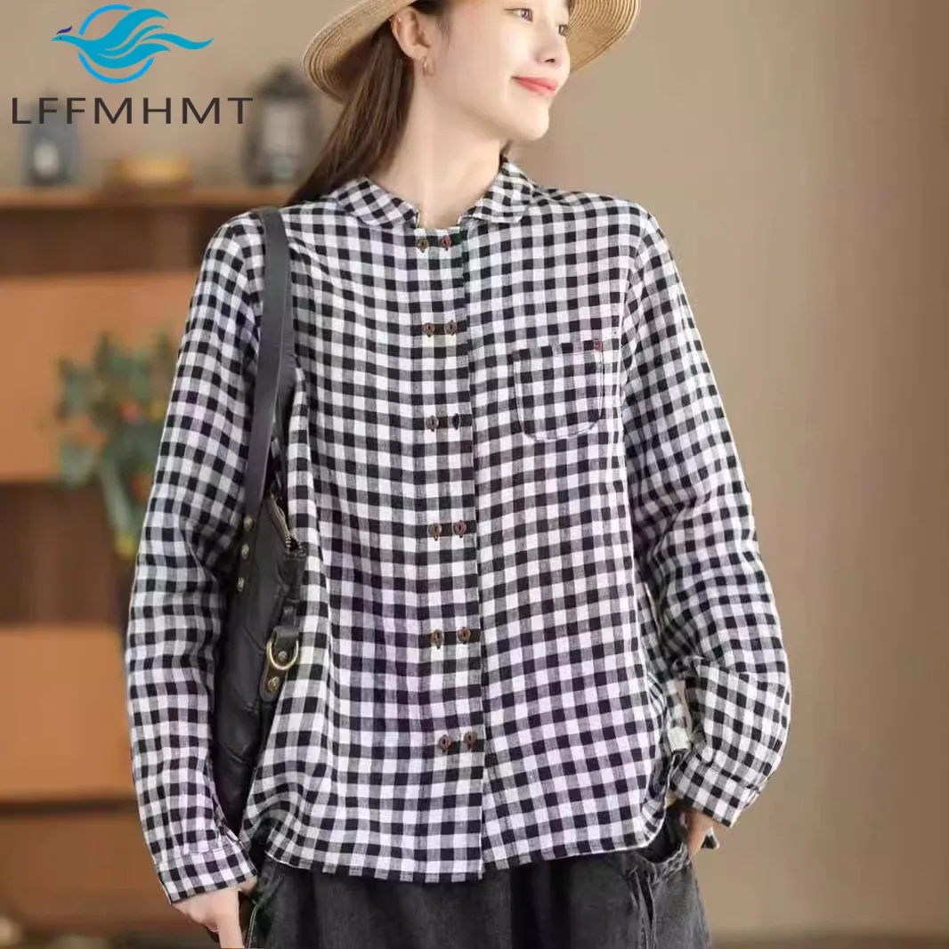 

Осенние льняные клетчатые блузки в стиле ретро, женская рубашка хорошего качества на пуговицах с длинными рукавами и отложным воротником, свободный женский топ
