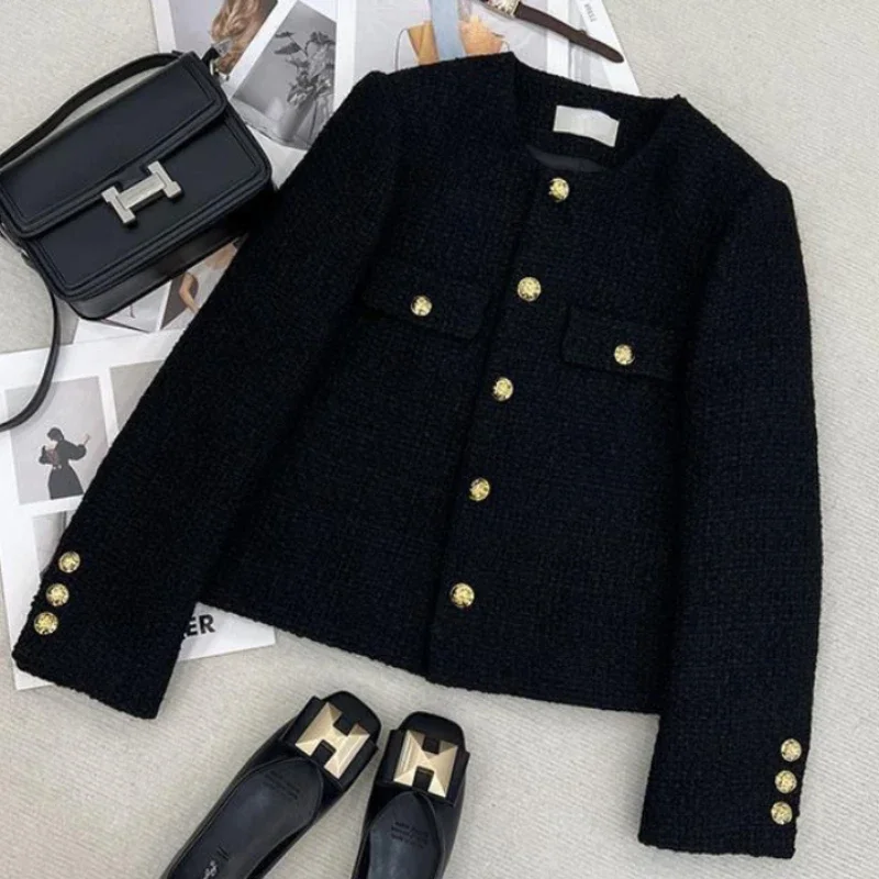 Black Tweed Jackets for Women Fashion Vintage Metal Buckle Design Short Coat Women Korean Elegant Single Breasted Outerwear New