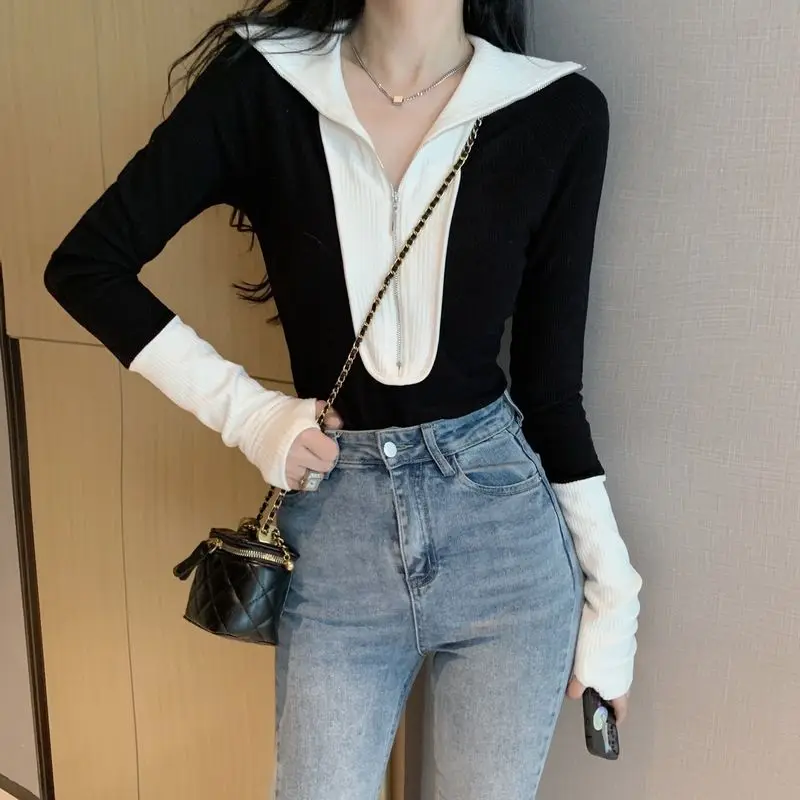 

Spring Autumn New Turn-down Collar Long Sleeve Sweater Women High Street Contrast Color Zipper Patchwork Pullovers Elegant Tops