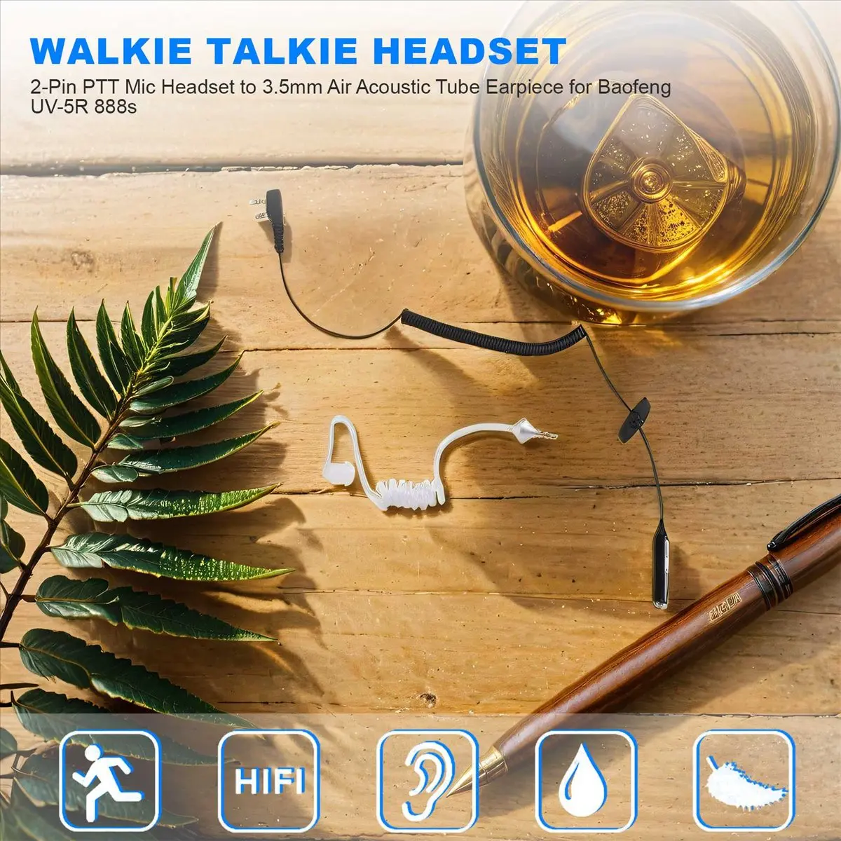 A14M 2-Pin PTT Mic Headset to 3.5mm Air Acoustic Tube Earpiece for UV-5R 888s