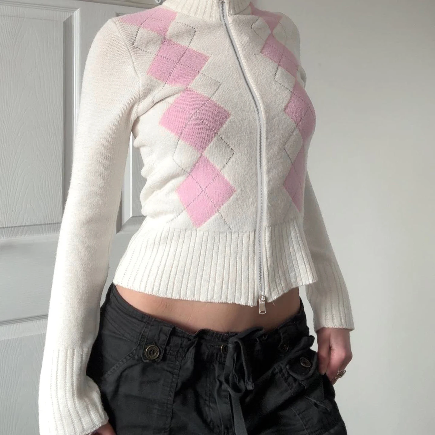 

IAMHOTTY Argyle Double Zip-up Sweater Cardigan Autumn Winter Slim-fit Turtleneck Knitting Jacket Y2K Thin Coat Women's Outerwear
