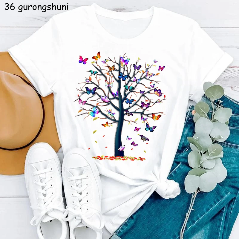 Watercolor Tree Of Life Printed Tshirt Women Cute T Shirt Femme Round Neck Summer Top Female T-Shirt Camiseta Mujer Tee Shirt