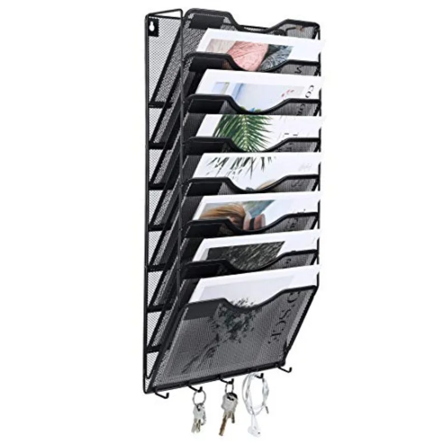 

8 Pocket Mesh Wall File Organizer with Key Hooks, Hanging Paper Folder Holder with Classify Label, Vertical Wall Mount Mail Org