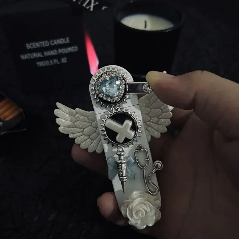 New Angel Wings Pure White Inflatable Lighter Windproof Jet Flame Holy Pink Flame Lighter Cigarette Accessories Girl Gift