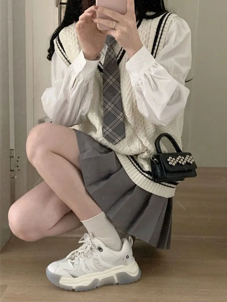 Japanische süße Schuluniform Frauen koreanischen Winter Strick pullover Rock setzt V-Ausschnitt Langarm JK Uniform Schulmädchen Cosplay