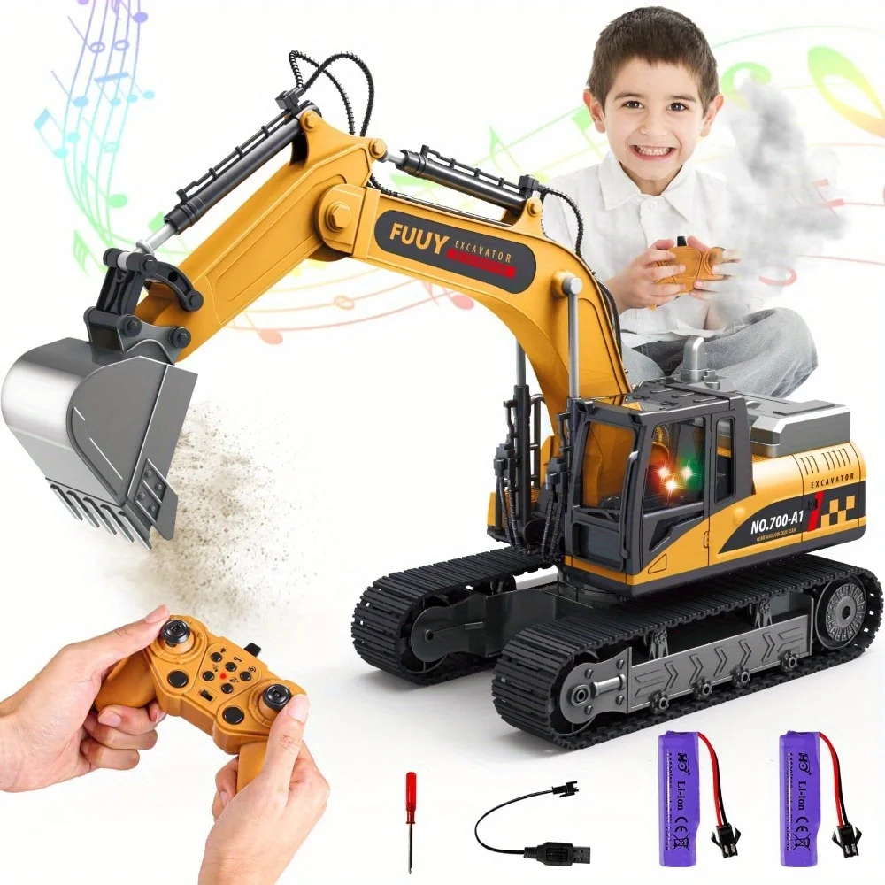 Excavator Toy for Boys RC Construction Vehicles, 680° Rotation with Lights Sounds, Christmas Toy Gift for Boys，Remote Control Ex