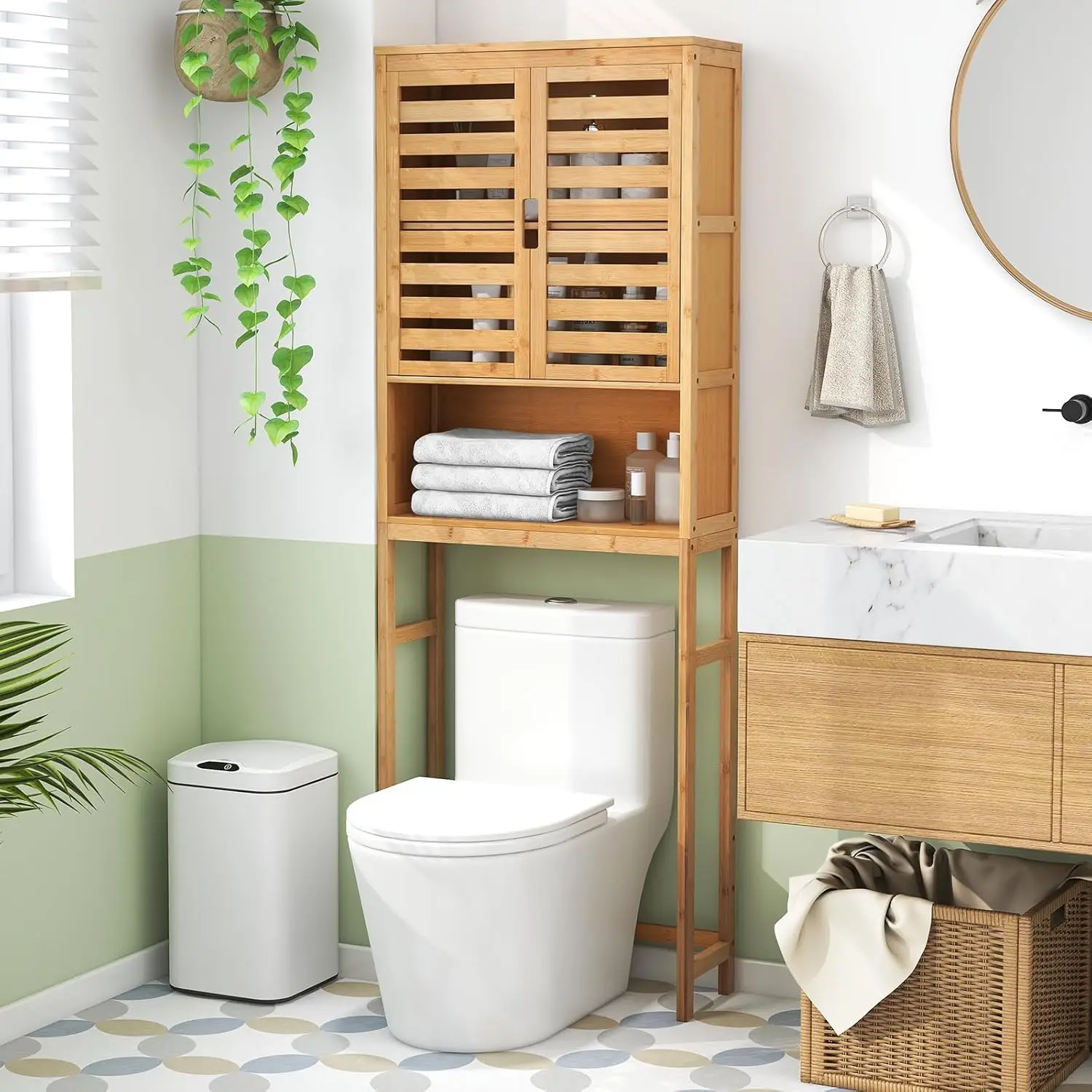 

Over The Toilet Storage Cabinet, Bamboo Bathroom Space Saver with 2 Doors, Adjustable Bottom Bar, Open Shelf, Freestanding Ba