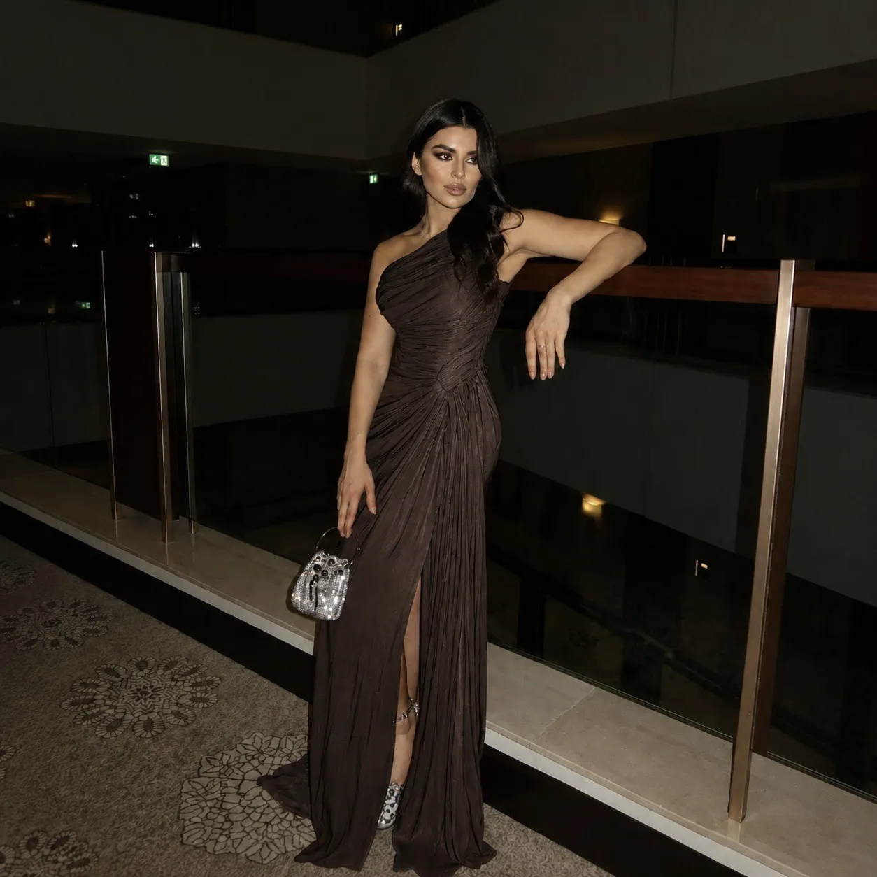 Pleated Ribbon Gown Maxi Length Elegant with One Shoulder Sleeveless Long Skirt Midi Waist Winter Pleated Dress for Women