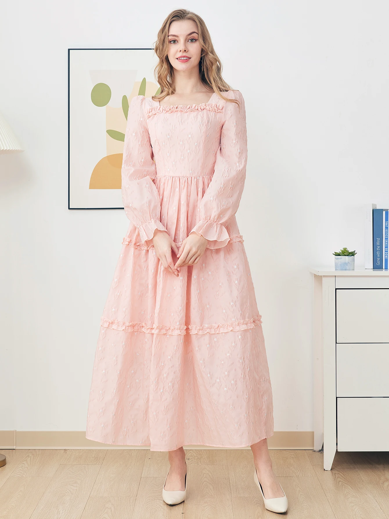 DEVCHATA Abito lungo lungo da donna elegante jacquard moda Abito lungo da donna con volant floreale rosa Orlo casual da vacanza Abito da sera da donna