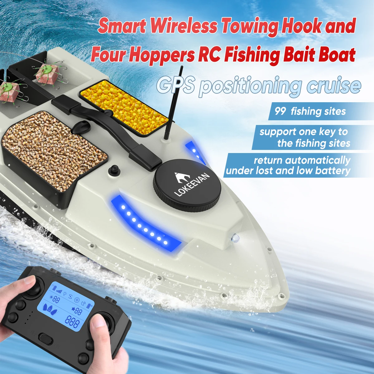 LOKEEVAN 12000 mAh Ferngesteuertes Köderboot mit GPS, 600M RC Nachtboot mit LED-Beleuchtung, 4 Kabinen, 2 kg Ladekapazität, Angelboot