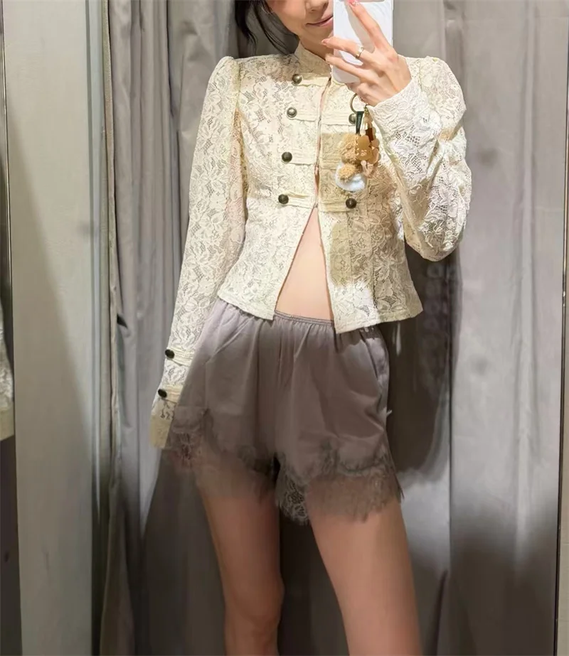 Guobioziy Women's Jacket 2026 Fall New Arrival Light Yellow Long Sleeve Lace Knot Button Decorative Slim Jacket Elegant