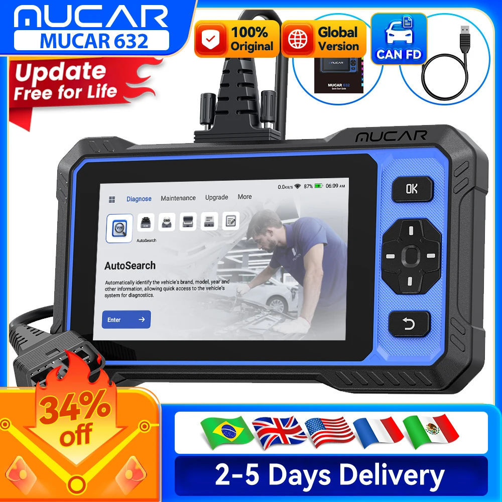 

Диагностический сканер MUCAR 632 OBD2 с двунаправленным управлением, поддержкой протокола CANFD, для 4 систем, инструмент для диагностики автомобилей OBD2, 15 функций сброса, пожизненные бесплатные обновления.