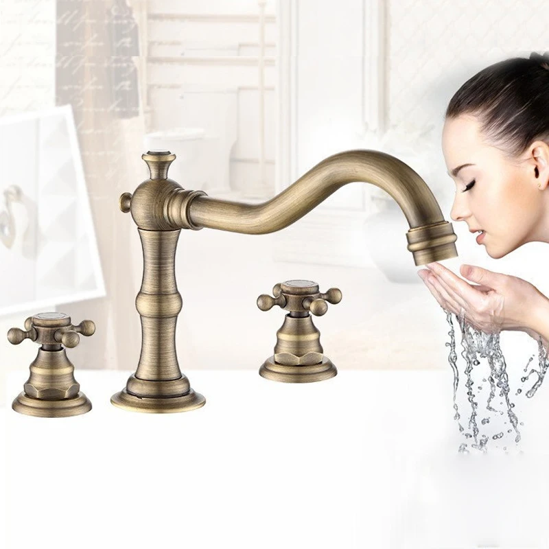 Solid Brass Bathroom Basin Mixer Tap Antique Brass  Kitchen Sink Faucet Dual Handles 3 holes 3 pcs Deck Mounted Basin Faucet