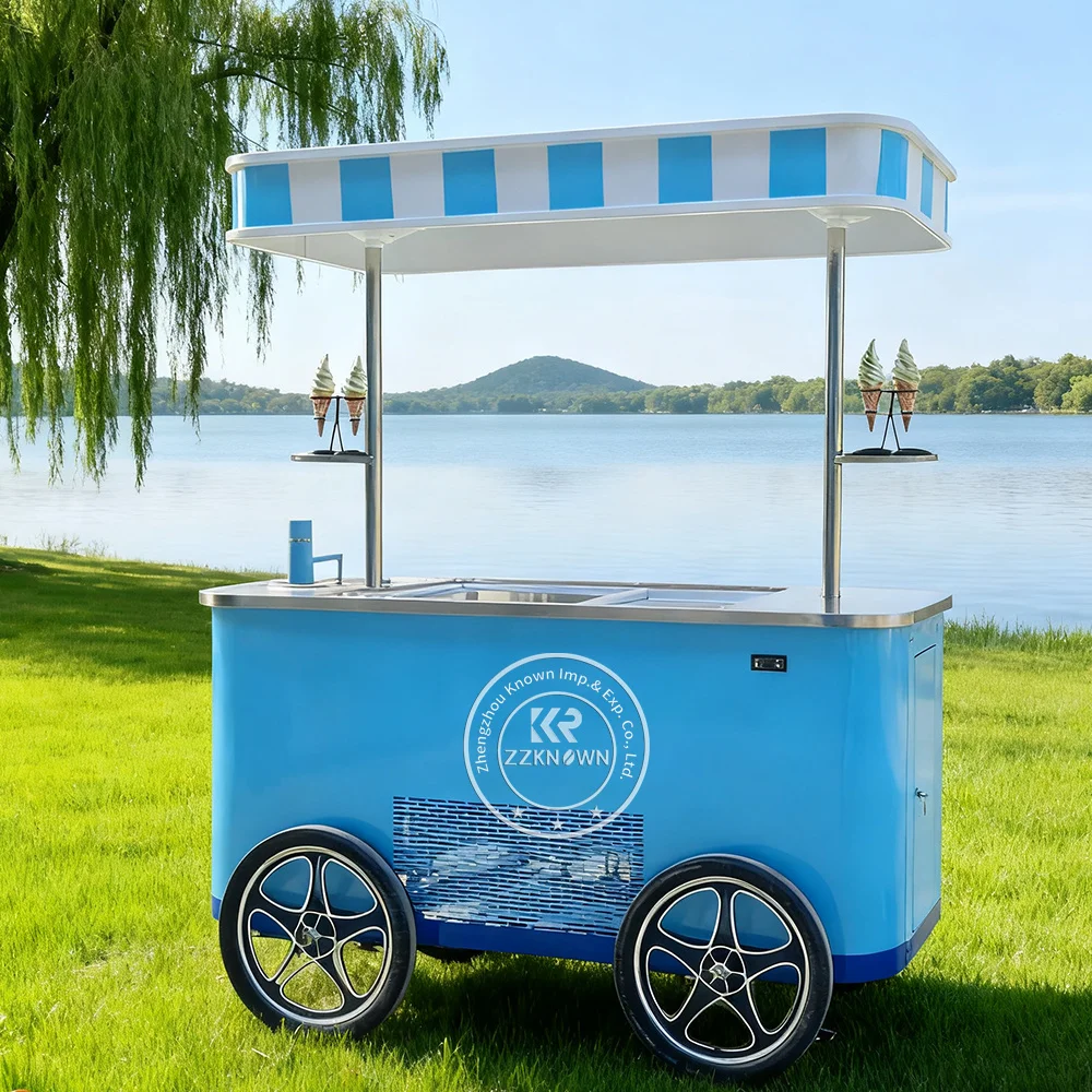Portable Custom Mobile Ice Cream Cart Hand Push Cart Outdoor Cooling Ice Cream Vending Cart with Refrigerator