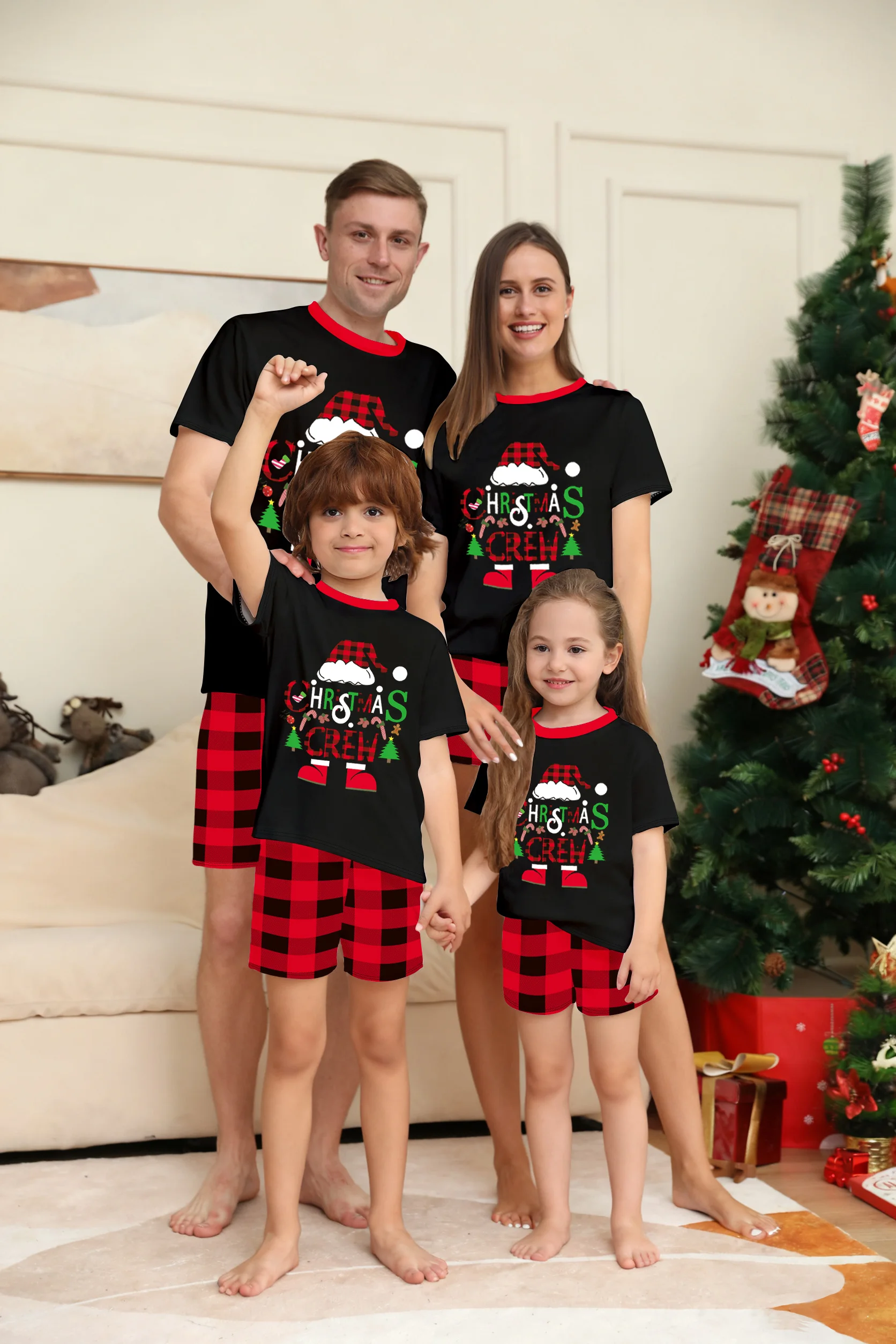 Family Christmas Pajamas Matching Parent-child Short Sleeve Shorts Black Red Plaid Christmas Crew Print Xmas Gift Men Women Kids