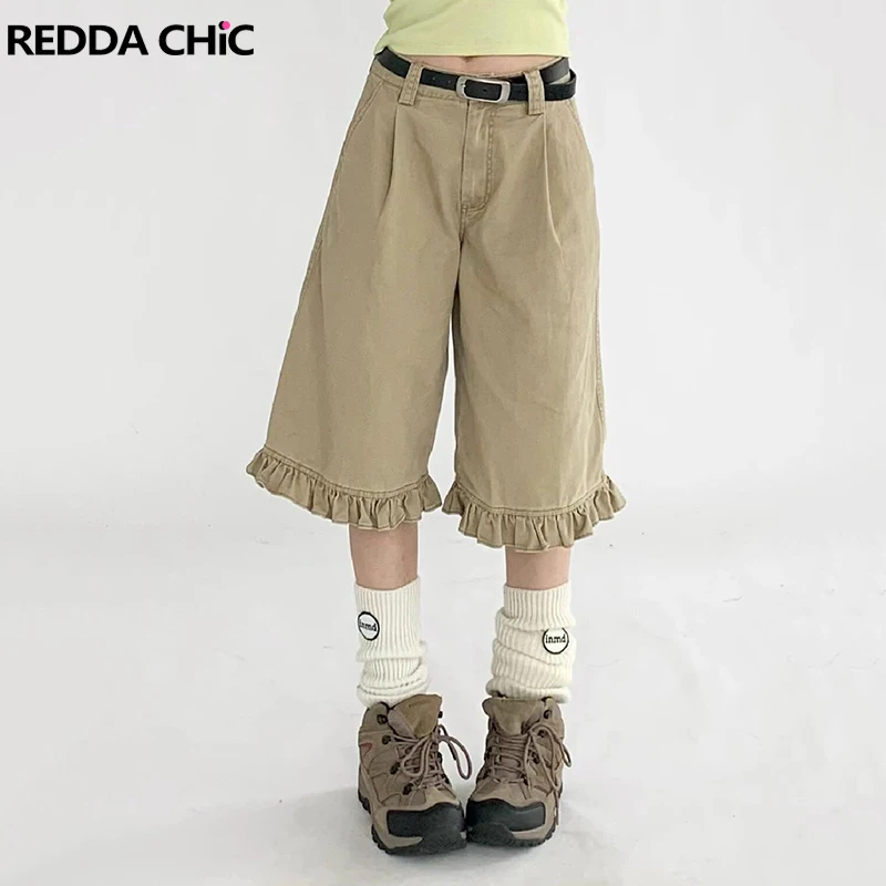 

REDDACHiC Pleats Wide Leg Women Denim Shorts Solid Ruffle Pockets High Waist Casual Baggy Jorts Trendy Korean Summer Clothes