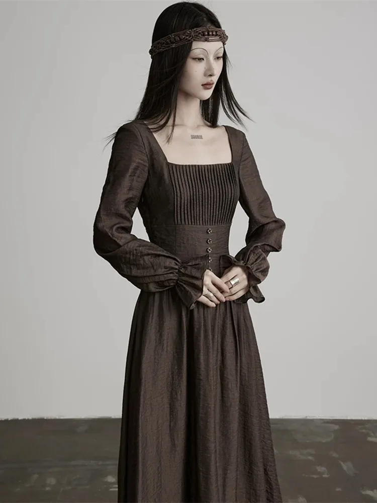 85-93cmBust SpringAutumn Maxi Dresses Women Vintage Elegant Square Neck Dress with Flare Sleeves and Cinched Waist Ruffles Dress