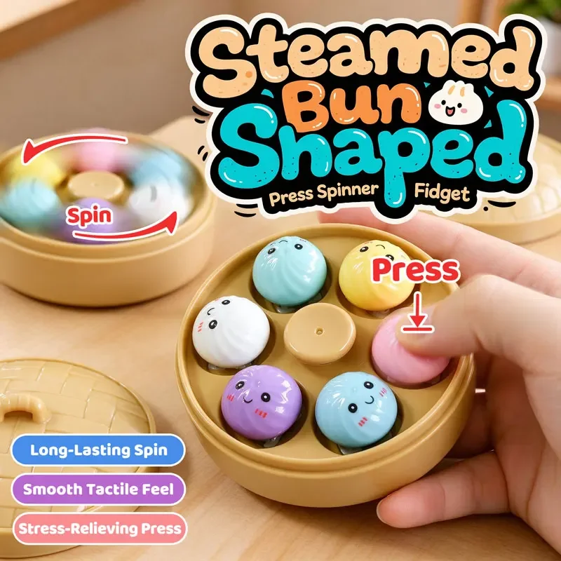 Steamed Bun Press Spinner Fidget Toy – Rotating & Pressable Sensory Toy Long-Lasting Spin Desk Accessory for Stress Relief Gift