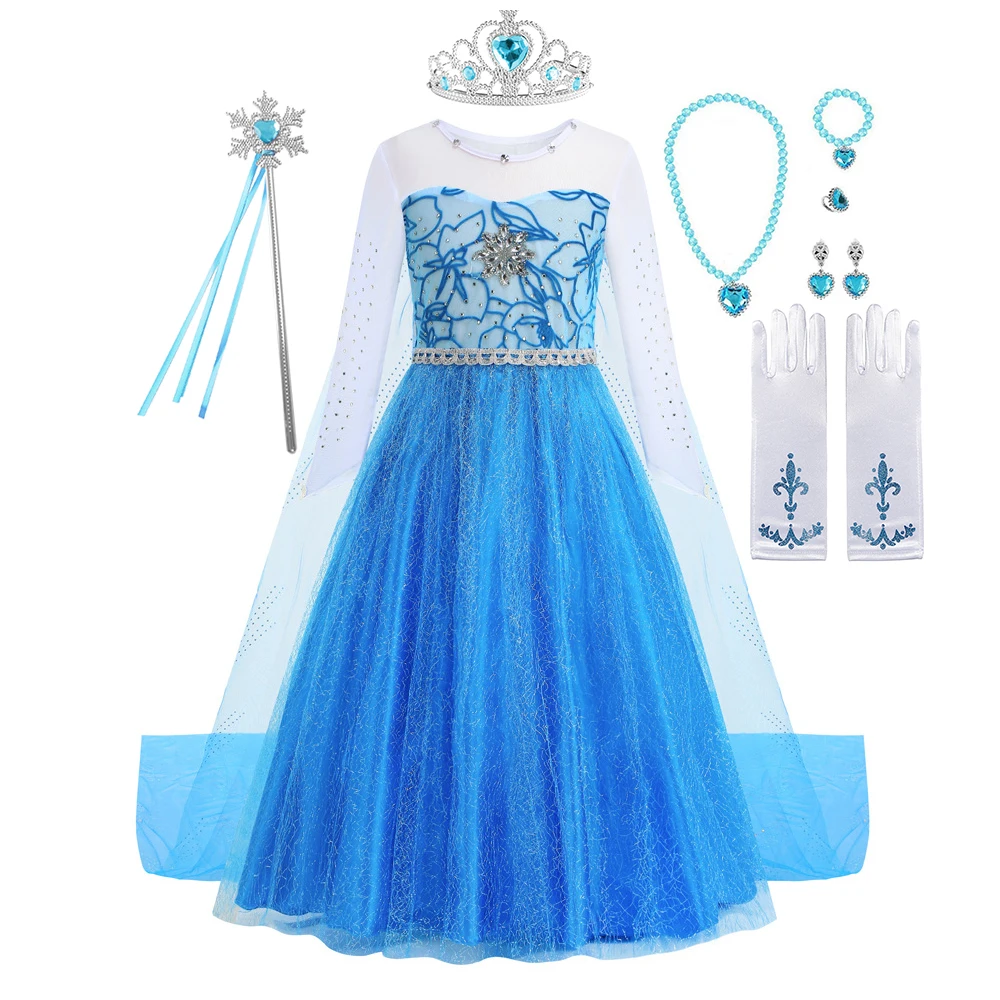Girls Princess Dress Elsa Costume with Cape Fancy Carnival Party Cosplay Children Outfits Snow Queen Role Play Beading Long Dres