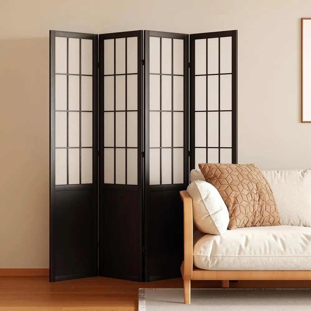 

Japanese-style 4-Panel Black Shoji Room Divider with Double Hinges for Home or Office