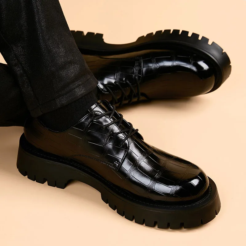 men fashion wedding party dress black original leather platform shoes lace-up derby shoe brand designer gentleman footwear male