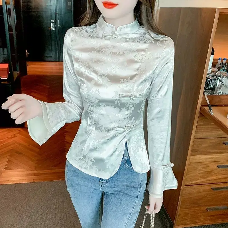 

Spring Fall Women Dobby Floral Beige Pattern Slim Chinese Style Top Shirt , Woman Slim Imitation Silk Flare Sleeve Tops Shirts