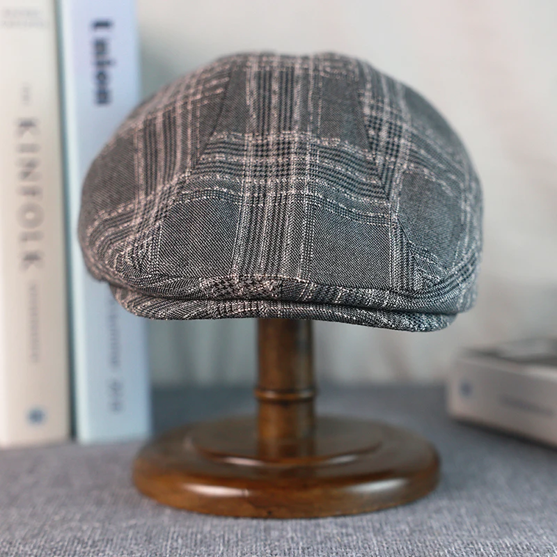 Gray Plaid Newsboy Hat Linen Cotton Womens Mens Ivy Cap Cabbie Driver Hat Spring Autumn Flat Hats Vintage Gatsby Beret A-33