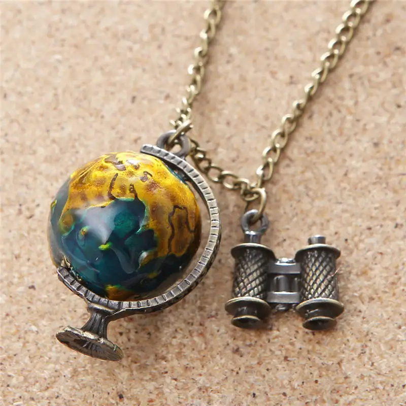Vintage Telescope Traveling Globe Earth World Map Alloy Long Pendant Necklace