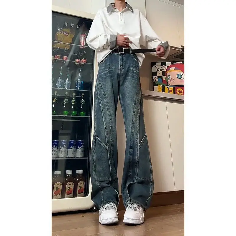 Men Stitched Spliced Jeans Loose Wide Leg High Waist Denim Long Pants