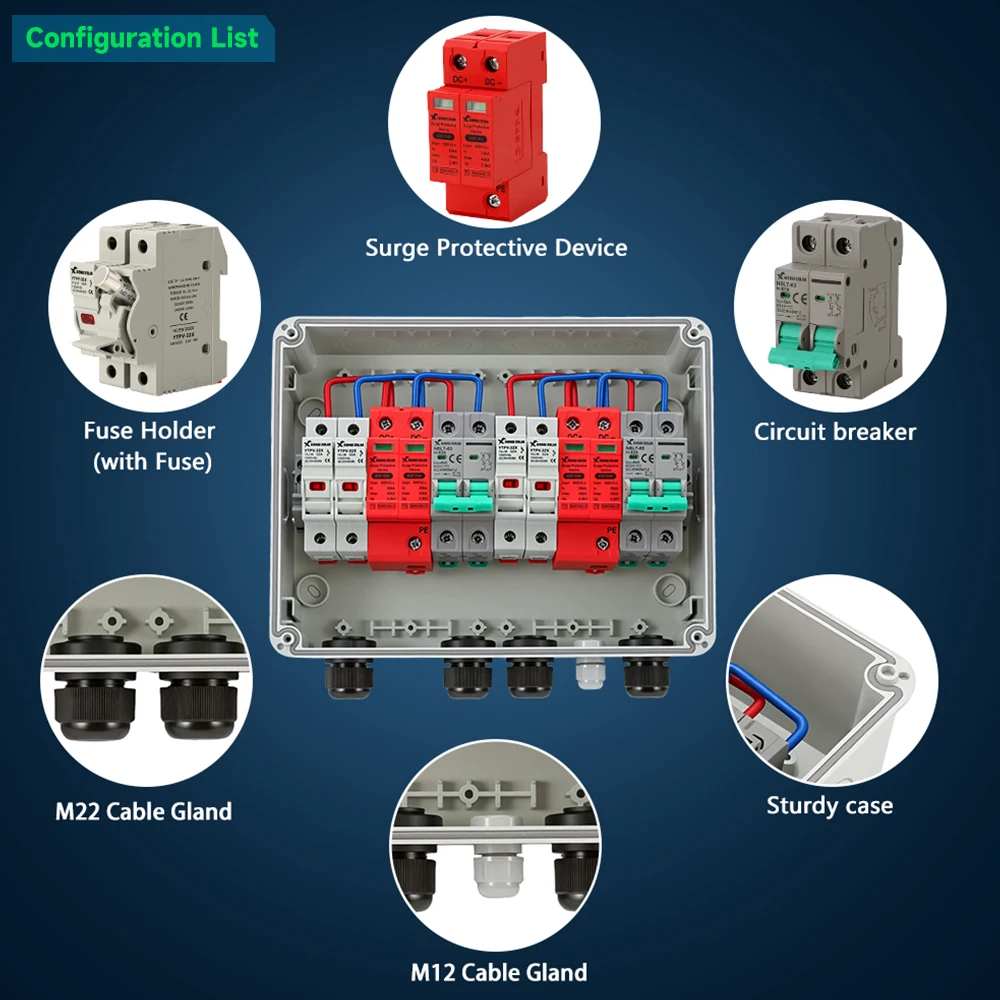 1 PCS Solar photovoltaic PV DC Combiner Box Surge Lightning Protection 2 input 2 out DC 600V Fuse MCB SPD DB Waterproof Box IP65