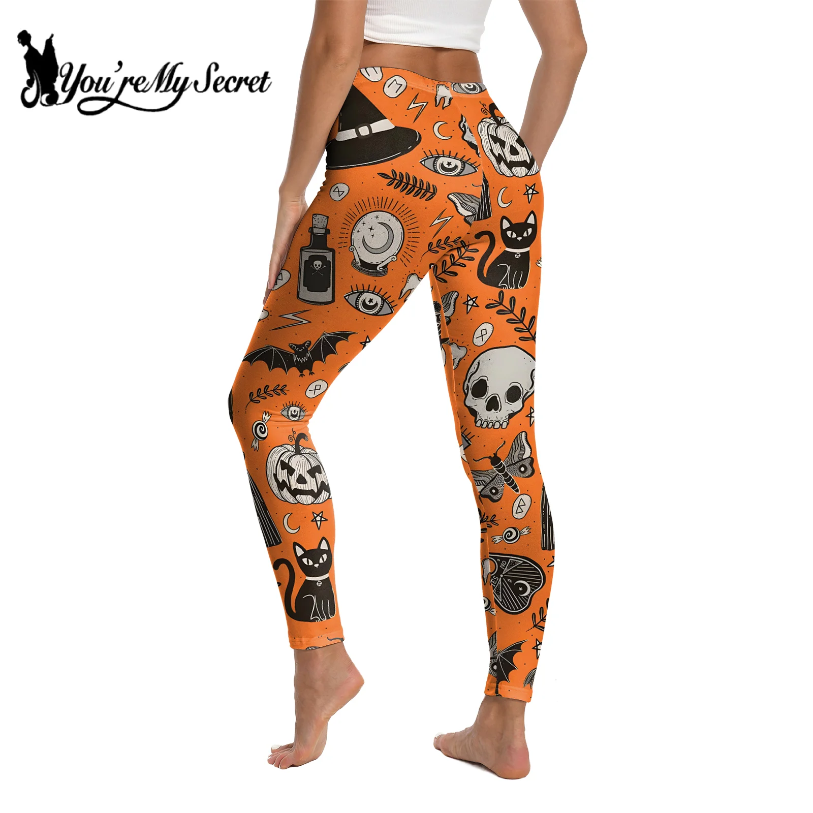 [You\'re My Secret] Summer Halloween Cosplay Pumpkin skull Print Leggings Tight Elastic High Waist Slim Skinny Pants Party Bottom