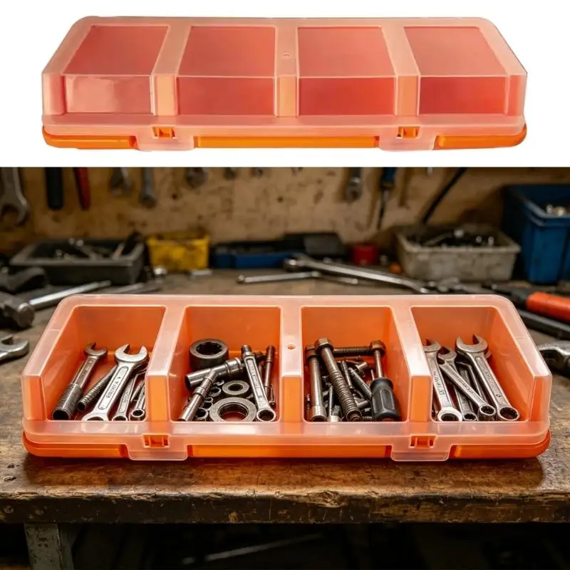 Small Parts Storage Case with 4 Compartments, Translucent Cover and Front Closures for Screws, Bits and Hardware D2RD