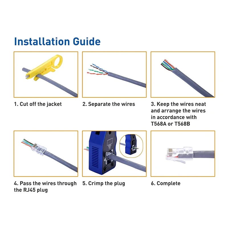 100Pcs Cat6 / Cat5e RJ45 Pass Through Connector Bundle With Crimping Tool