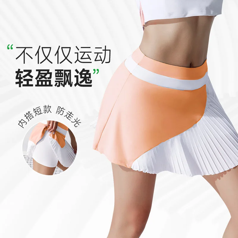 

Patchwork Breathable Pleated Tennis Skirt with Pocket Shorts Women Badminton Skort Yoga Clothes Outdoor Activities Running Suit