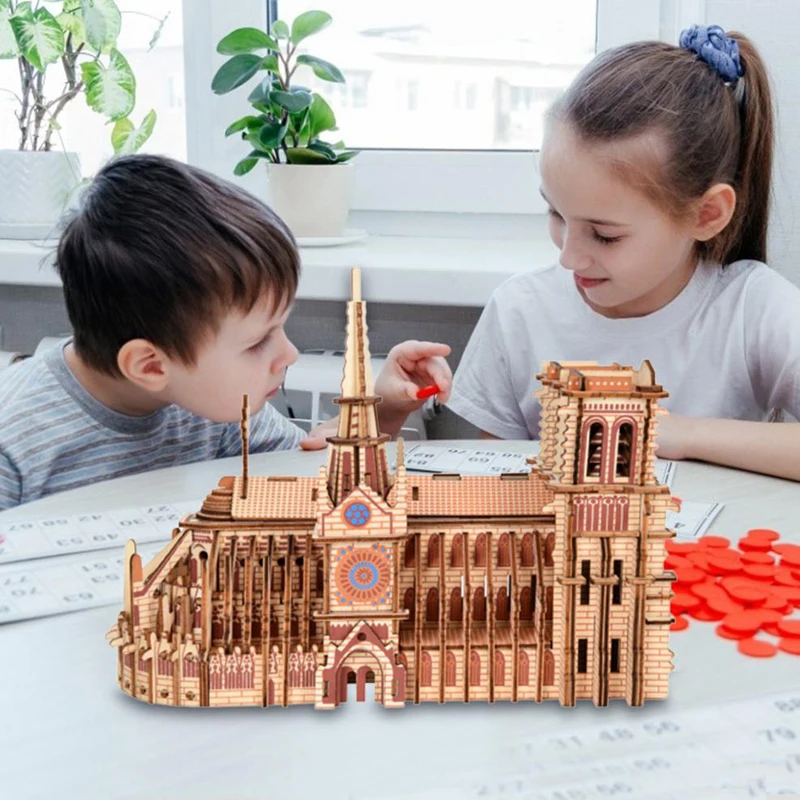 DIY 3D Wooden Puzzle Notre Dame Cathedral Paris Dimensional Model Learning Educational Toys For Children Architecture Decoration