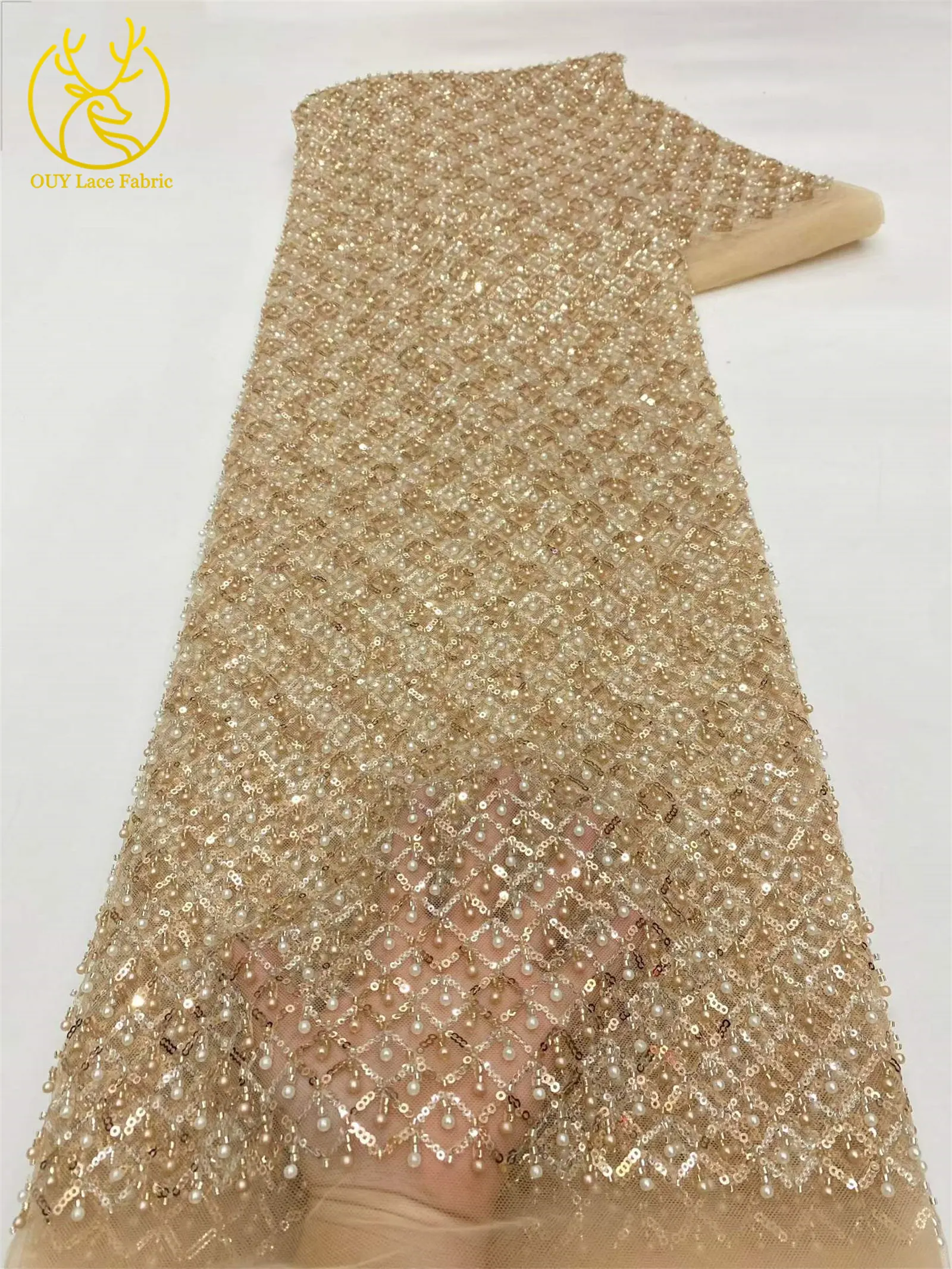Olivgrüner afrikanischer Spitzenstoff, französischer Mesh-Spitzenstoff mit Pailletten und Perlen, Tüll-Mesh-Spitzenstoff für Damen, Hochzeitsfeier, Abendkleid, Nähen – Detail 8
