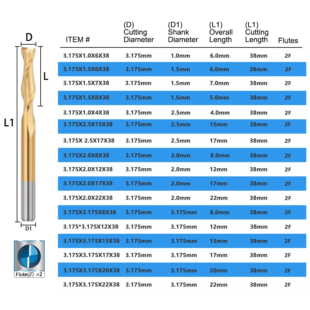 XCAN 10 Buah 0.8-3.175Mm Titanium Dilapisi 2 Suling Flat End Mill 3.175Mm Shank CNC Milling Cutter router Bit Karbida Akhir Pabrik