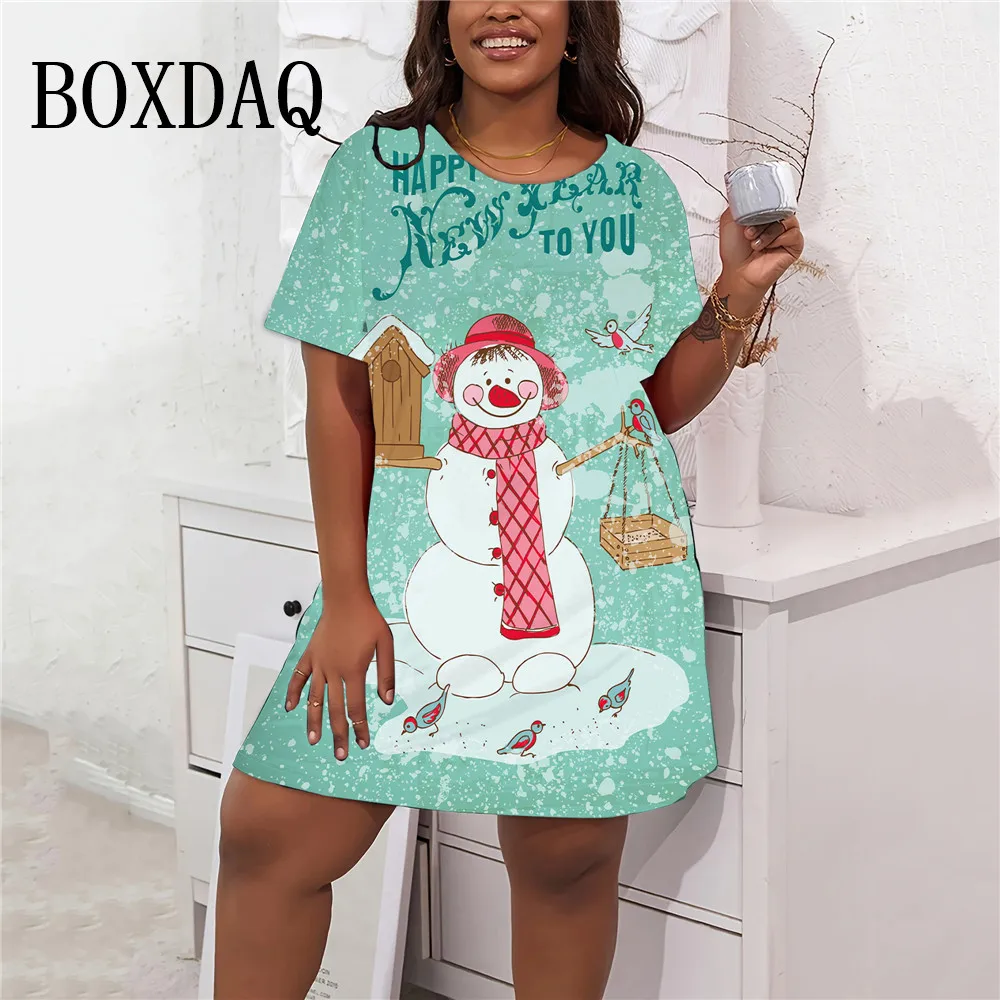 9XL Plus Size Dresses 2025 Christmas Snowman Pattern Women Dress Winter Casual Cute Short Sleeve Loose Party Mini Clothing 8XL