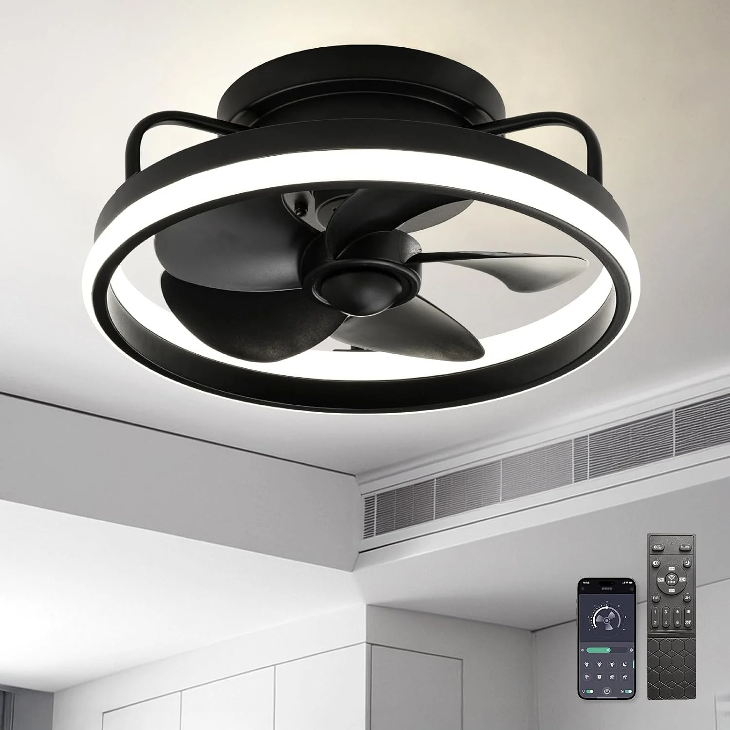 

85-265V Low Profile Ceiling Fans with Lights and Remote 3000K-6500K Dimmable Bladeless LED Fan Flush Mount for Bedroom kitchen