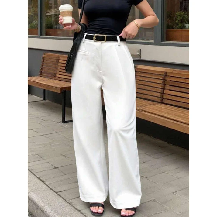 White Casual Pants High Waist Office Loose Simple Style Women's Suit Trousers Versatile Commute Fashion Polyester Fabric