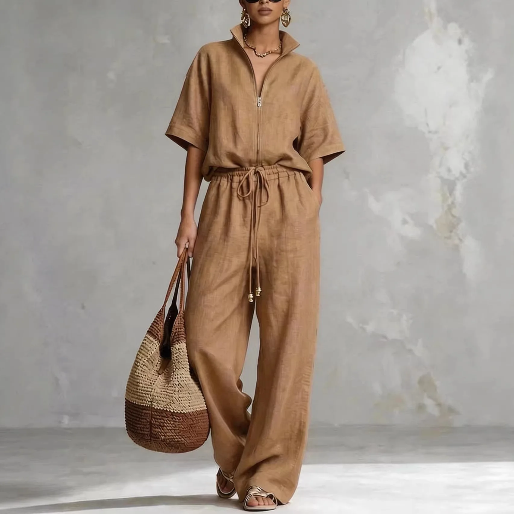MsChuh Women's Matching Sets Solid Color Elegant Loose Two Piece Sets Short Sleeve Blouse Tops And Wide Leg Pants Sets Casual