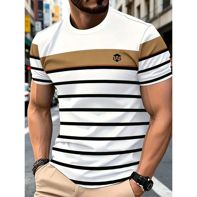 Camiseta de Hombre a Rayas Horizontales Blancas, Marrones y Negras, con Logotipo Geométrico Minimalista en el Pecho, Cuello Redondo, Manga Corta, Transpirable, Informal, para Uso Diario