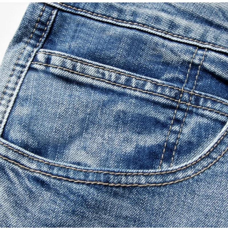 Calças cortadas jeans masculinas com vários bolsos, shorts soltos de perna reta, calças casuais lavadas e usadas