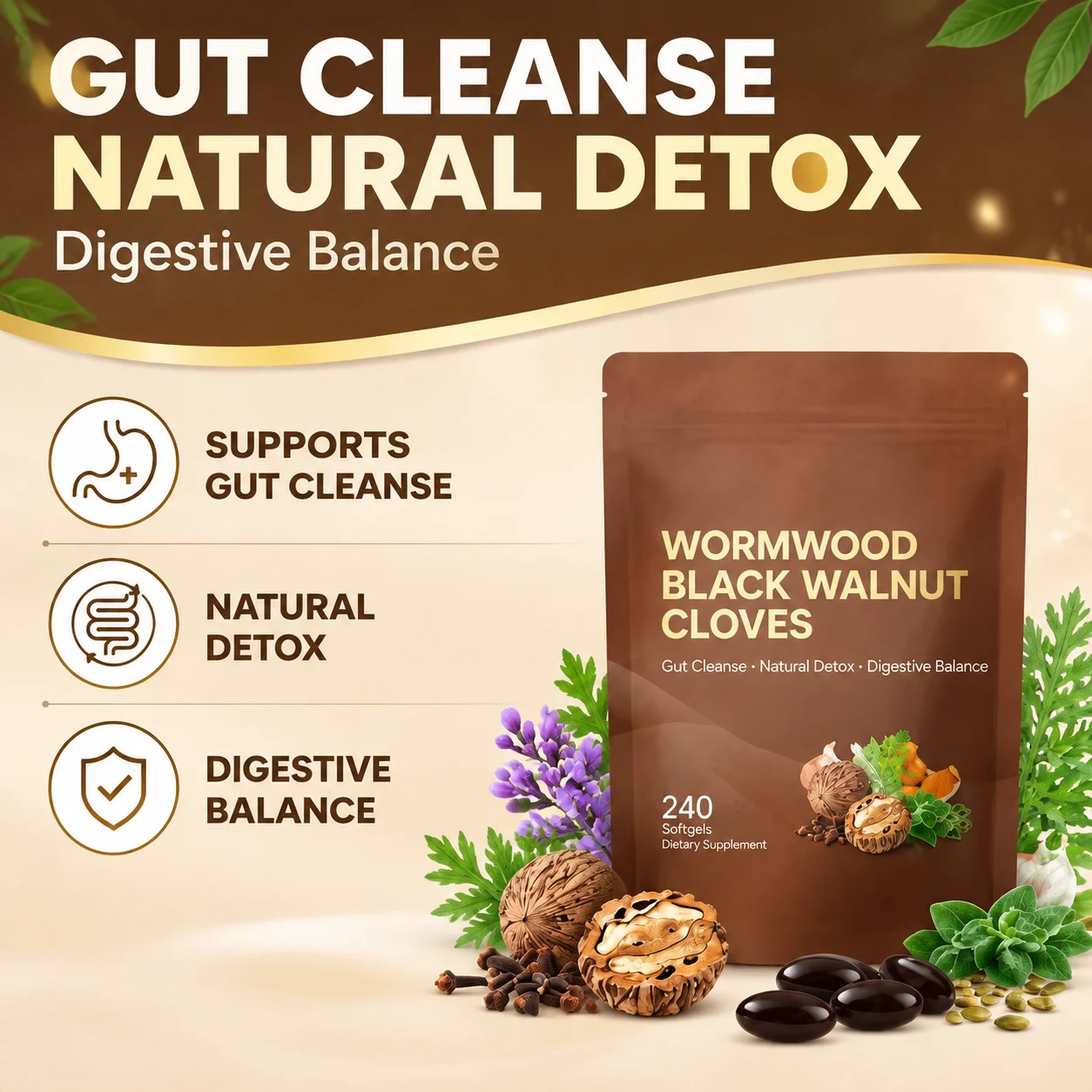 Wormwood Black Walnut Cloves Softgels gut cleanse natural detox Digestive Balance Internal Cleansing 240pcs for bloating