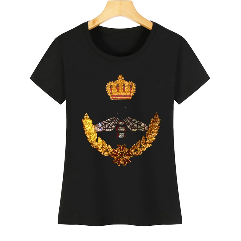 Popular ladies' short-sleeved T-shirts new fashionable crown bee hot diamond round collar cotton casual women's T-shirts