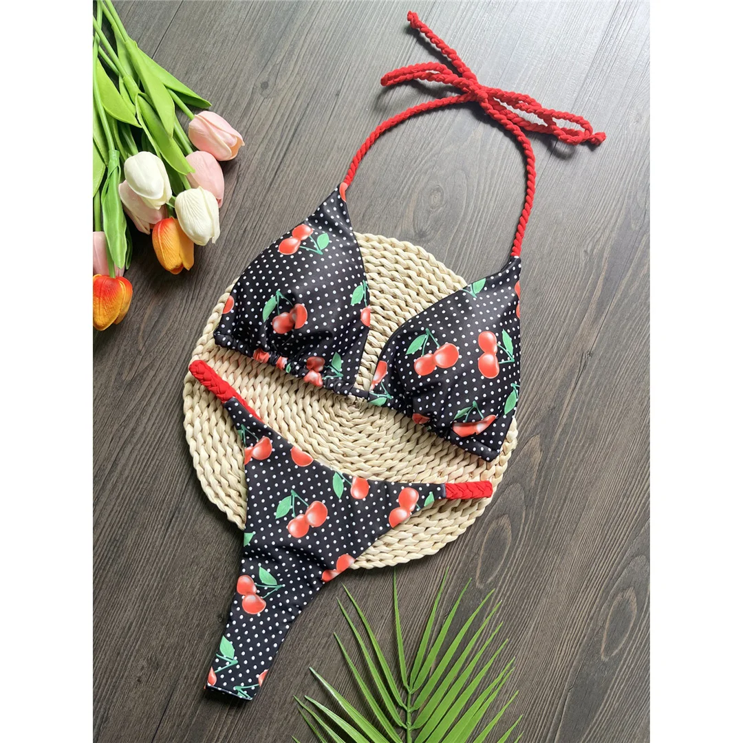 Kariertes Halterneck-Mini-Micro-Tanga-Bikini-Set für Damen, zweiteiliger Badeanzug, Badebekleidung, Badeanzug, Schwimmbikini V6171 – Detail 10